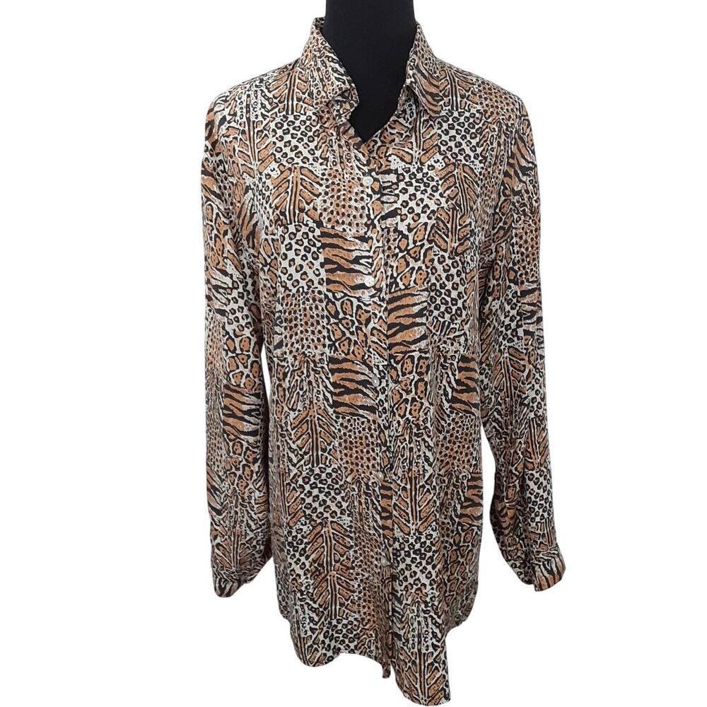 Vintage 80s 100% Silk Leopard Animal Print Button Up Blouse Long Sleeve Mob Wife